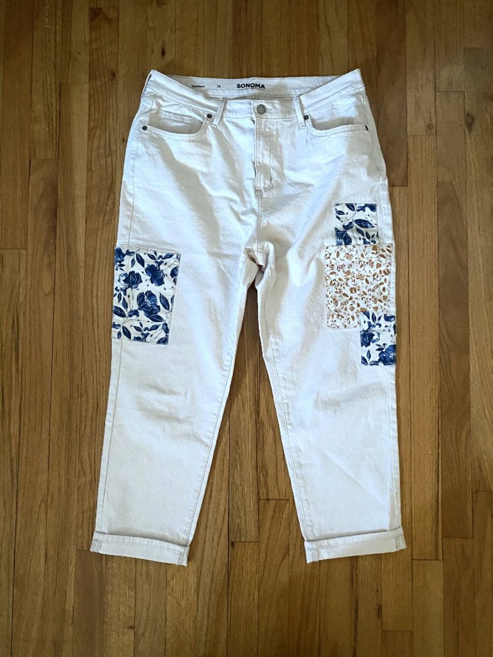 Sonoma Women's Boyfriend Jeans Size 14 Ivory Multicolor Floral Patchwork Denim